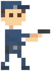 Pixel police man with pistol. Officer stands in blue uniform. Pixel game character with weapons
