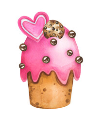 Cute hand drawn watercolor cupcake muffin, Ester cake with pink icing for a bakery shop logo, confectionery, chocolate cookie and balls. Ideal for menu.