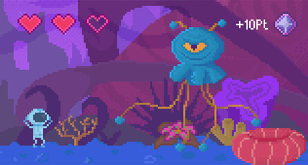 Pixel game interface layout design. Angry blue monster with one eye. Alien attacks character