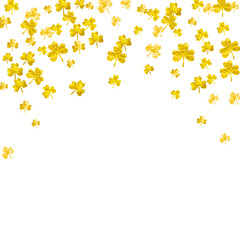 Shamrock background for Saint Patricks Day. Lucky trefoil confetti. Glitter frame of clover leaves.. Template for party invite, retail offer and ad. Celtic shamrock background.