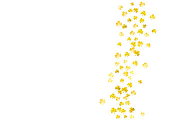 Clover background for Saint Patricks Day.  Lucky trefoil confetti. Glitter frame of shamrock leaves. Template for gift coupons, vouchers, ads, events. Greeting clover background.