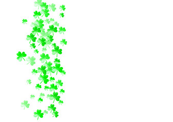Saint patricks day background with shamrock. Lucky trefoil confetti. Glitter frame of clover leaves. Template for voucher, special business ad, banner. Happy saint patricks day backdrop.