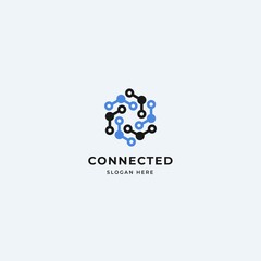 Technology connection logo with abstract molecule dots design element. Premium logo idea