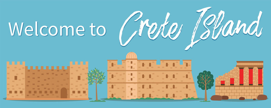 Crete island invitation card vector illustration. Traditional ancient historical buildings