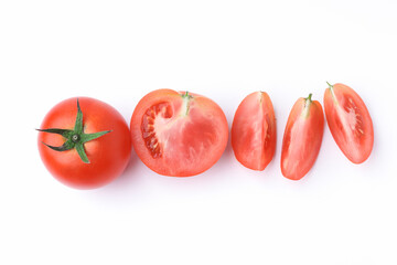 Top view flat lay fresh red tomatoes organic and tomato slice isolated on white background with copy space. Concept food, and drink healthy.