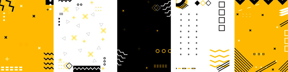 Abstract memphis style background set. Geometric minimal wallpaper vector set. Graphic yellow, black and white memphis design collection. Vintage 90's colorful style vector illustration set