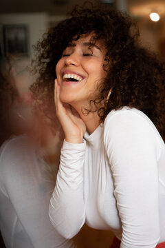Happy Woman with afro smiling