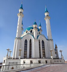 Kul Sharif Mosque in Kazan kremlin, Tatarstan. Blue clear sky at winter