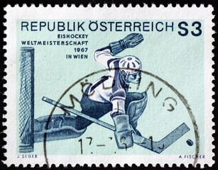 Postage stamp Austria 1967 ice hockey goalkeeper