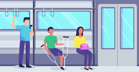 Disabled young man in public transportation. People with disabilities on public transportation, Young men go by train. People using public transport railway. Vector illustration in a flat style