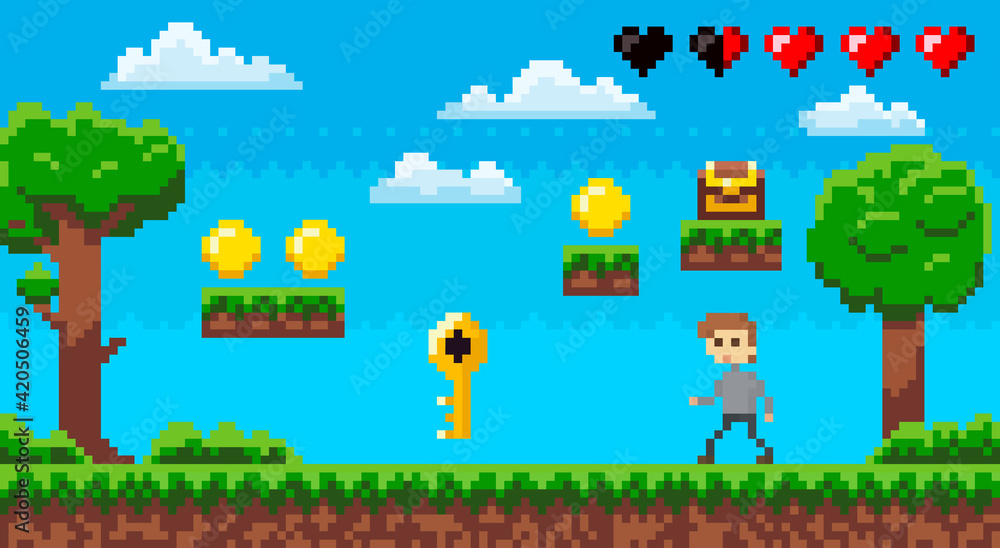 Poster adventure pixel game interface design layout. videogame character collects coins, keys and chests