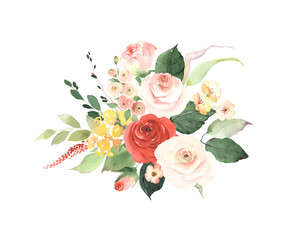 Floral decoration with simple roses, small flowers, leaves and branches. Watercolor isolated bouquet on white background for wedding card, invitation, greeting or flowers decors.