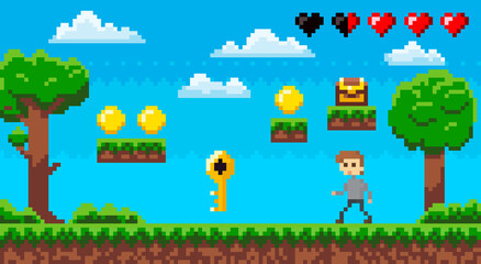 Adventure pixel game interface design layout. Videogame character collects coins, keys and chests