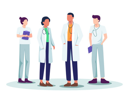 Medical Staff Vector Illustration. Hospital Medical Staff, Doctor And Nurse Meeting, Doctor Team With Stethoscope. Doctor And Medical Personnel Team, Healthcare People Group. Vector In A Flat Style