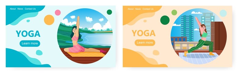 Yoga landing page design, website banner vector template set. Mind and body practice.