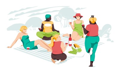 Girls of different races and physique relax together on the picnic. Women's friendship and relationships. Flat illustration on white background. Body positive, plus size