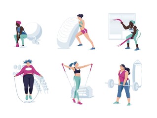 Cartoon Women athletes different races and bodies set doing exercises training at gym set. Flat vector illustration