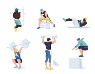 Fototapeta na wymiar Different cartoon set of men exercising at modern gym vector flat illustration. Athletic men on training apparatus have various physical exercises enjoy sport activity