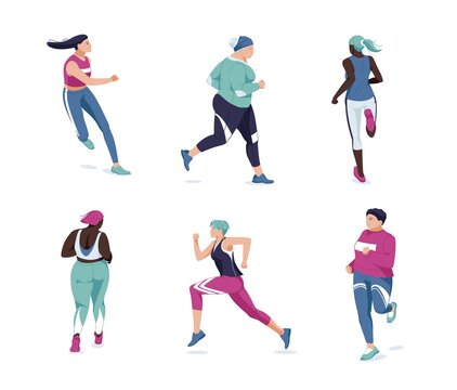Running people set flat vector illustration. Multiracial runners, athletes, sportive women cartoon characters. Marathon, exercise and athletics. Sport training isolated design element