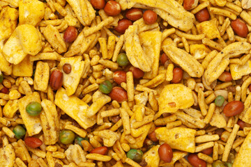 Close up of cornflex mixture Indian namkeen (snacks) Full-Frame Background. Top View
