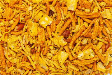 Close-up of salted Gujrati Mix Indian namkeen (snacks)  Full-Frame Background. Top View