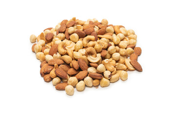 Mix of nuts isolated on white background. Top view.