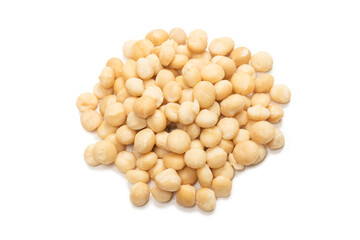 Macadamia nuts isolated on white background.