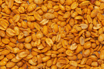 Close-up of Crunchy masala peanuts Indian namkeen (snacks) Full-Frame Background. Top View