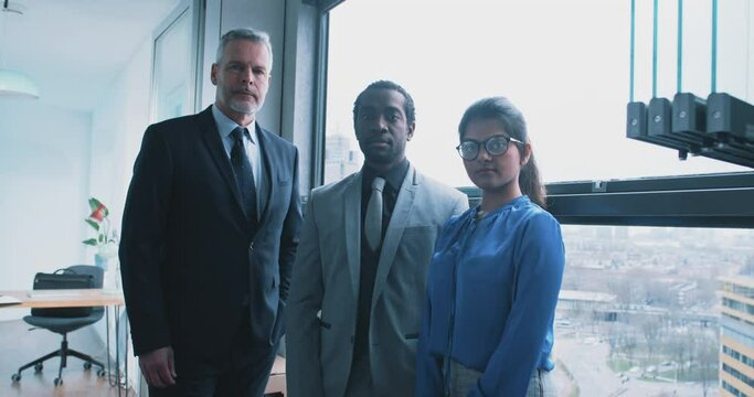 Multi-ethnic businesspeople standing in front of skyline