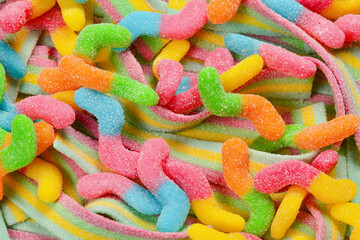 Assorted gummy candies. Top view. Jelly  sweets.