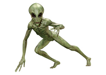 3D Rendering Green Alien on White
