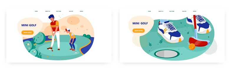Mini golf landing page design, website banner vector template set. Father teaching his son to play golf. Family leisure.