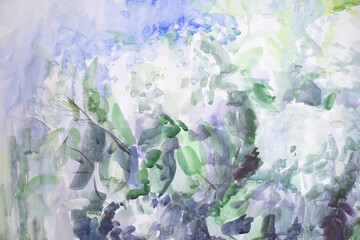 Effortless and relax watercolor background. Blossom and green leaves nature concept fine art illustration.