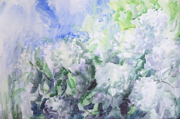 Springtime watercolor background. Weathered texture crumpled wallpaper. White flowers painting illustration.