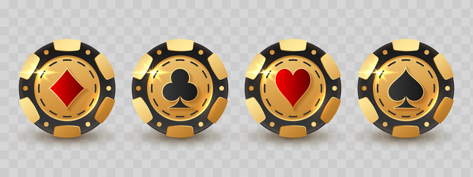 Set of gold poker chips, token with red and black suits transparent. Diamonds, clubs, hearts, spades. Vector illustration for casino, game design, flyer, poster, banner, web, advertising. Stock Vector | Adobe