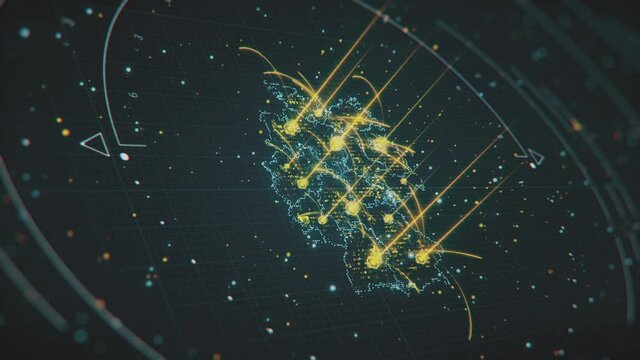 Flashing glowing Germany map with highlighted areas and interstate connections. Scanning of Germany Map through hi-tech futuristic sight and visuals with connecting light points and lines.