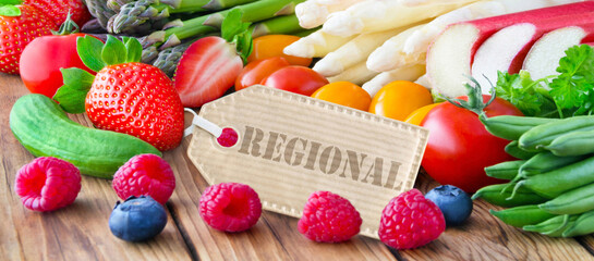 Regional fruits and vegetables with label