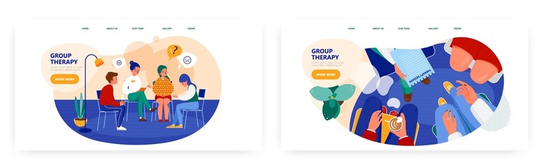 Group therapy landing page design, website banner vector template set. Psychotherapy session. Mental health.