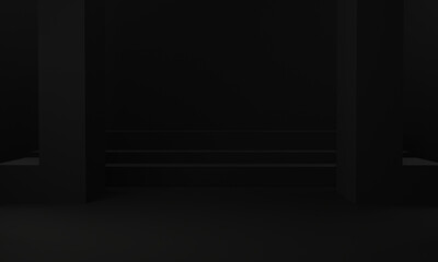 Dark black 3D background with geometric staircase shapes square, pedestal on three floors Curved wall the platform for product presentation minimal style, copy space, rendering