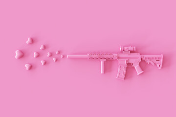 Love layout made with Weapon Pink Rifle Gun firing a Pink Heart shaped on a pink background. Valentines or Romantic Concept. 3d rendering