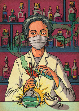Female Pharmacist Illustration Chemist Wearing Mask Pouring Chemicals and Producing Medicine for COVID-19