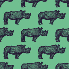 Seamless pattern with hand drawn rhinoceros
