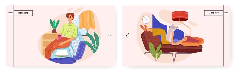 Reading book landing page design, website banner vector template set. People taking rest and enjoying reading at home.