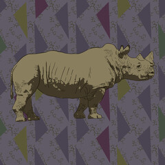 Hand drawn rhino on abstract background, vector illustration