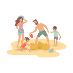 Happy family building sandcastle, beach family activity.
