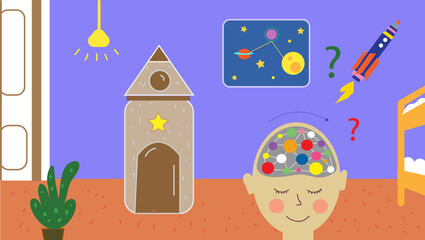 Boy thinking about space in his room and creating a rocket illustration. Vector graphic - 420510067