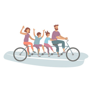 Happy family riding a tandem bicycle with four seats.