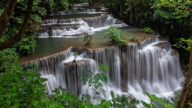 4k B roll of Timelapse Waterfalls in the beautiful nature. Time lapse Magic Water falls famous in Kanchanaburi, Thailand. Huai Mae Khamin Waterfall - 7-tier water falls in a national park. 