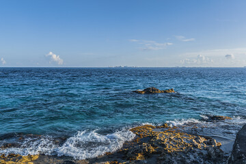 The beautiful nature of the island Isla Mujeres at sunset. Isla Mujeres, with its wonderful beaches, lies about 8 miles northeast of Cancun in the Caribbean Sea. Mexico.