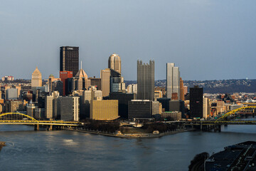 Fototapeta na wymiar A view of Downtown Pittsburgh from the West End Overlook about 45 minutes from sunset.